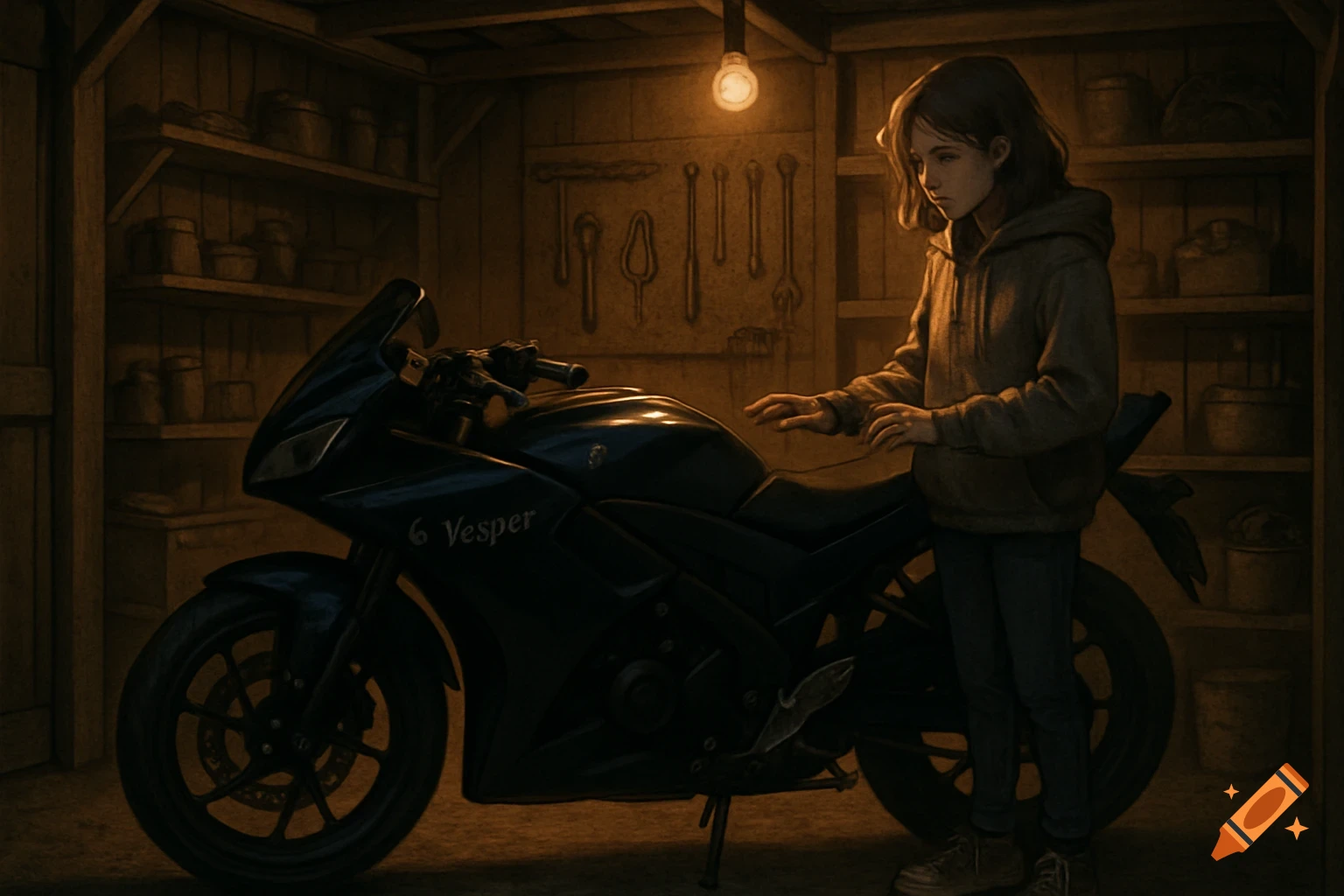 A contemplative teenage girl stands next to a black motorbike with "6 Vesper" on its side, in a dimly lit, cozy garage. Warm light from an overhead bulb casts cinematic shadows.