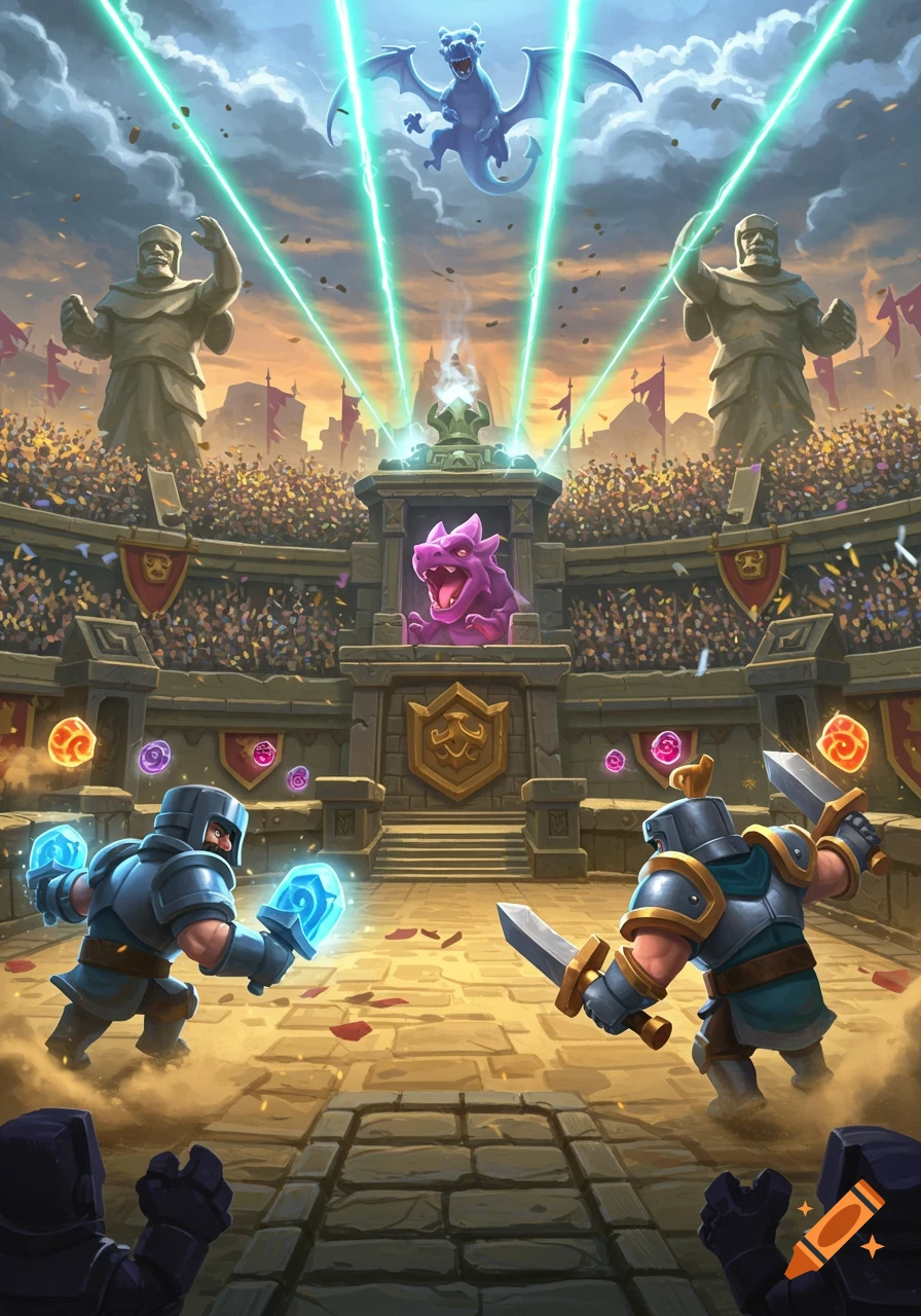 Two armored knights battle in a vibrant fantasy arena with a crowd, a purple monster, and a flying blue dragon.