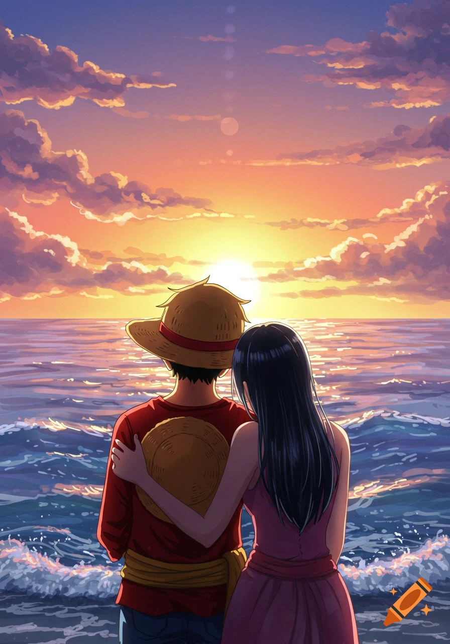 Anime characters Luffy and Hancock from behind, hugging while watching a beautiful sunset over the ocean.