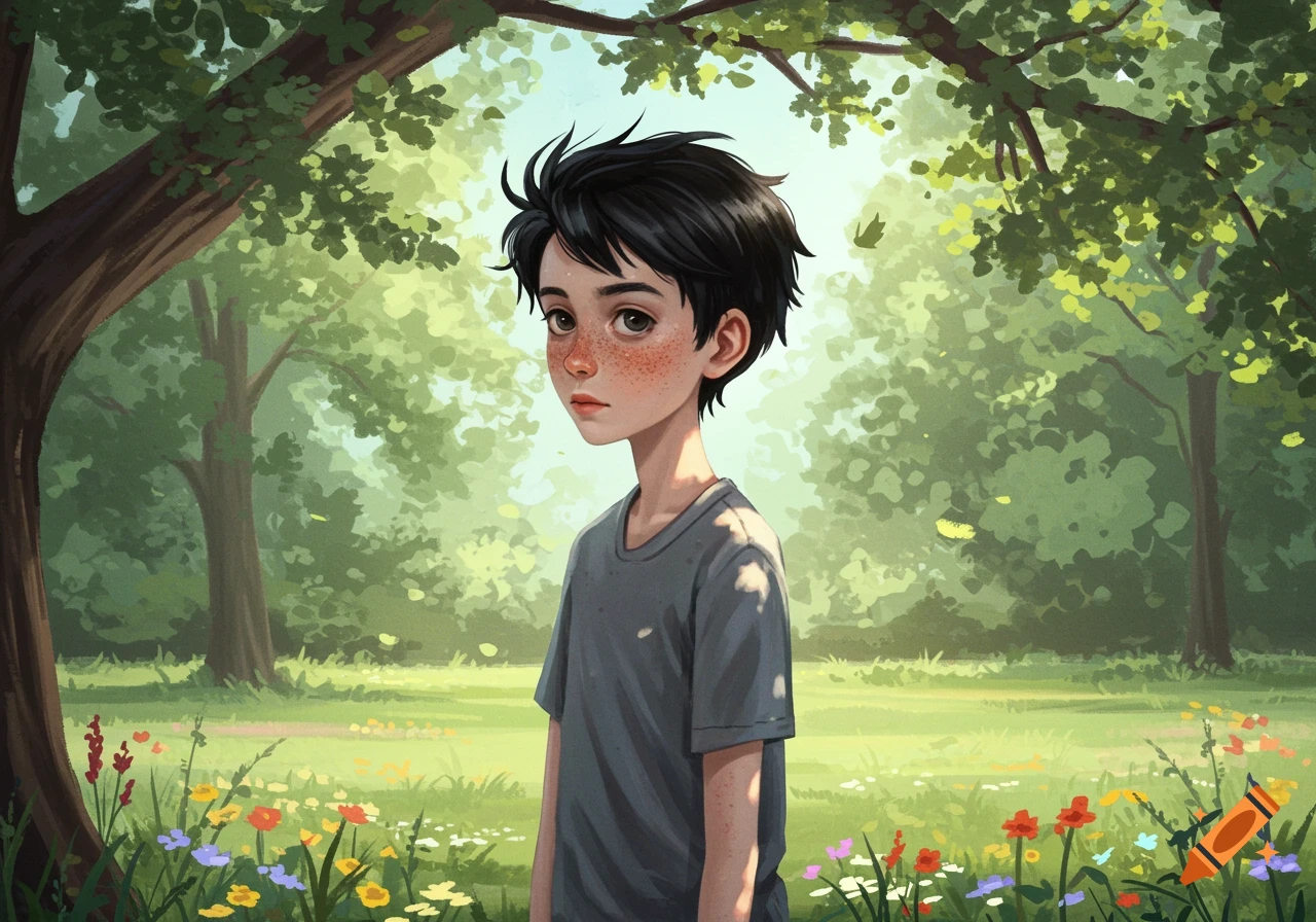 An illustration of a young boy with dark hair and freckles in a gray t-shirt, standing in a sunny park with trees and wildflowers.