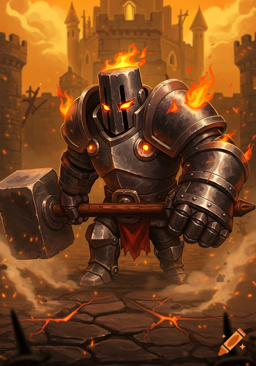 A heavily armored, fiery golem with glowing eyes and a large hammer stands on cracked ground before a castle, in a digital painting style.
