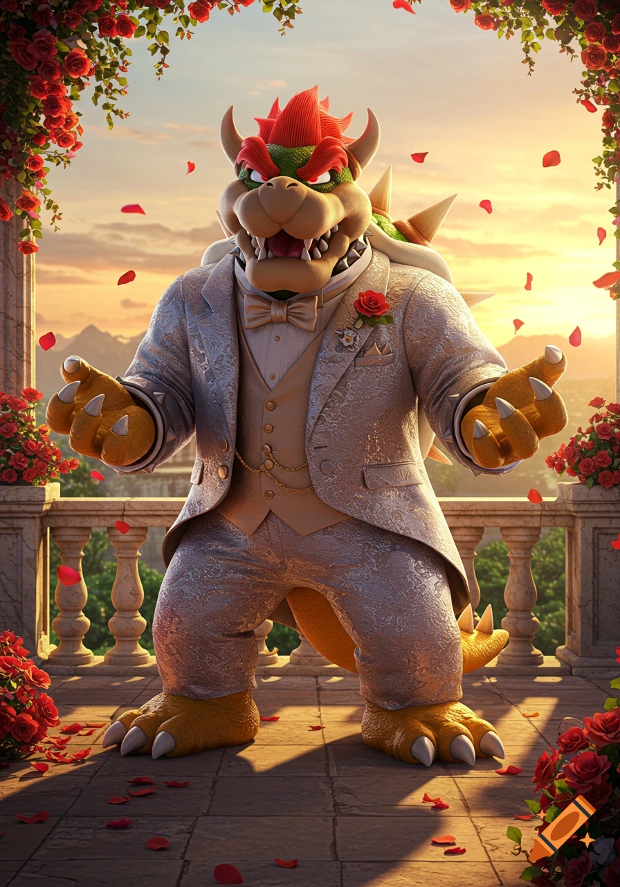 Bowser in a white wedding suit and bow tie, standing on a rose-decorated balcony at sunset with petals falling. Photorealistic.