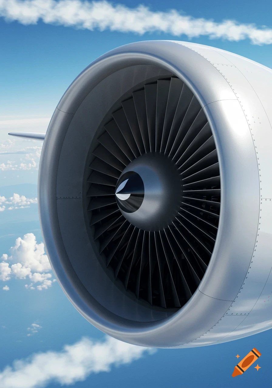 Close-up, photorealistic view of an airplane engine with turbine blades, against a blue sky with white clouds.