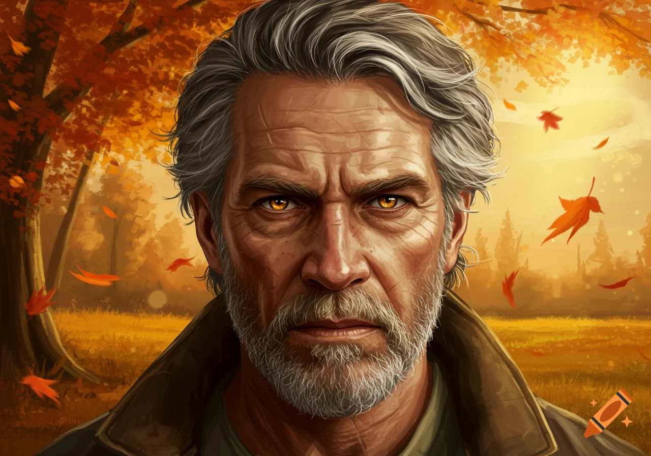 Digital art portrait of an older man with grey hair, a beard, and glowing amber eyes, in an autumn forest.