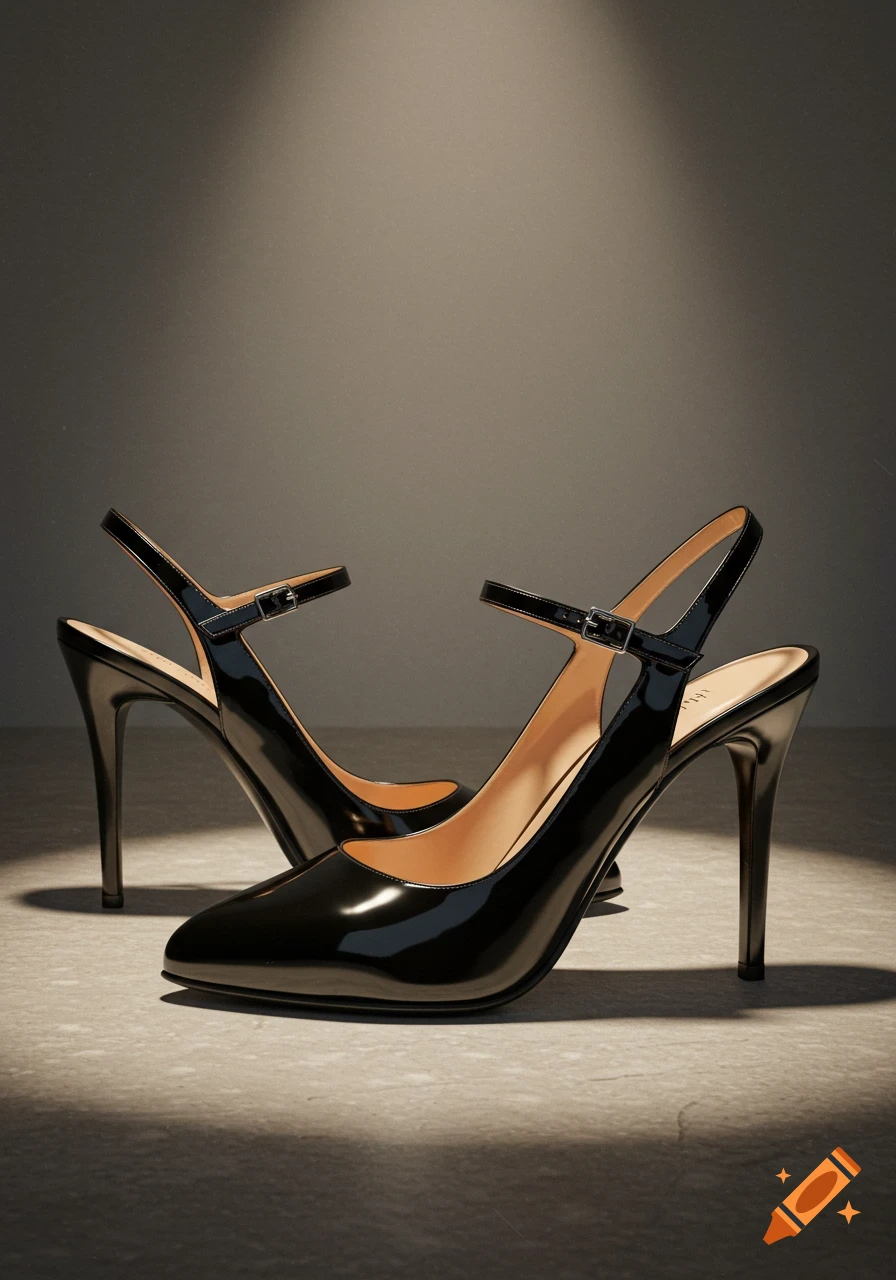 A pair of shiny black patent leather slingback high heels with ankle straps, on a dark grey surface with spotlighting.