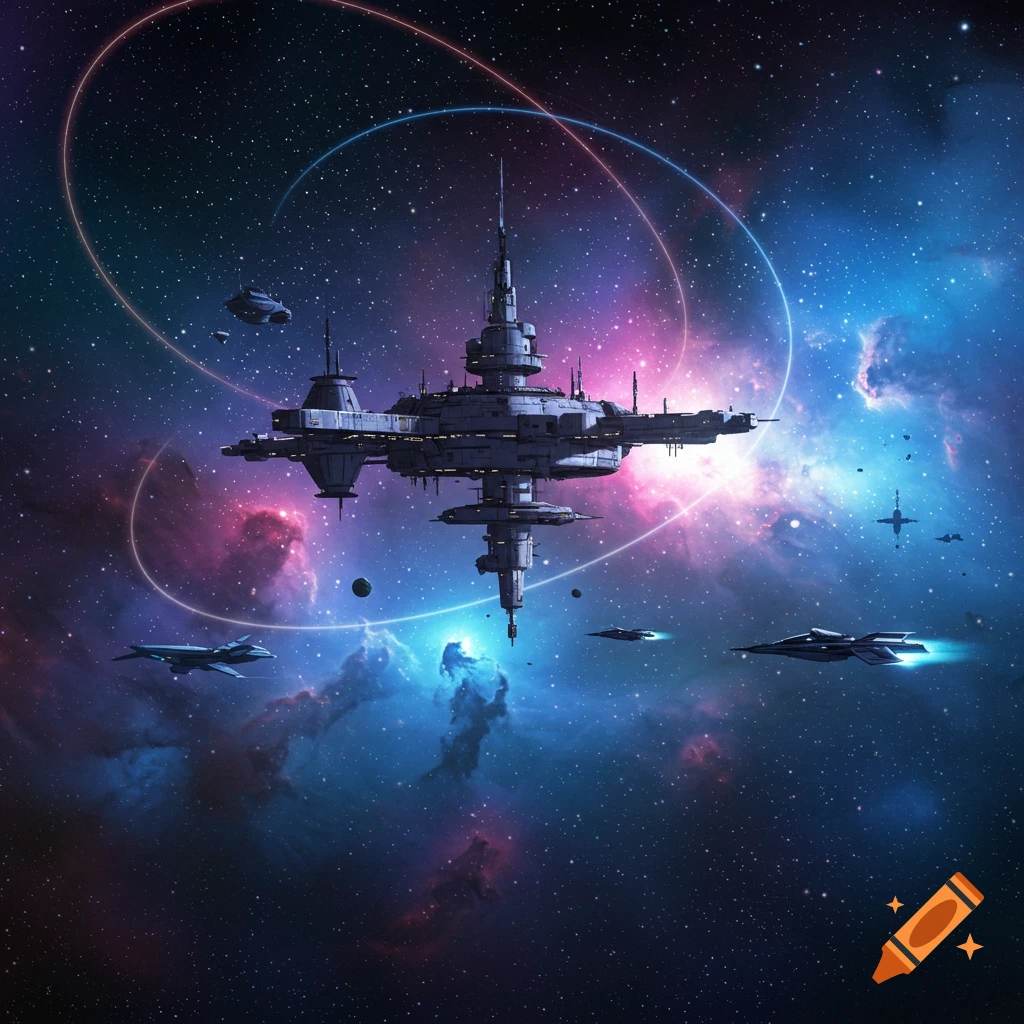 A detailed space station surrounded by various spacecraft flying through a vibrant, colorful nebula filled with stars.