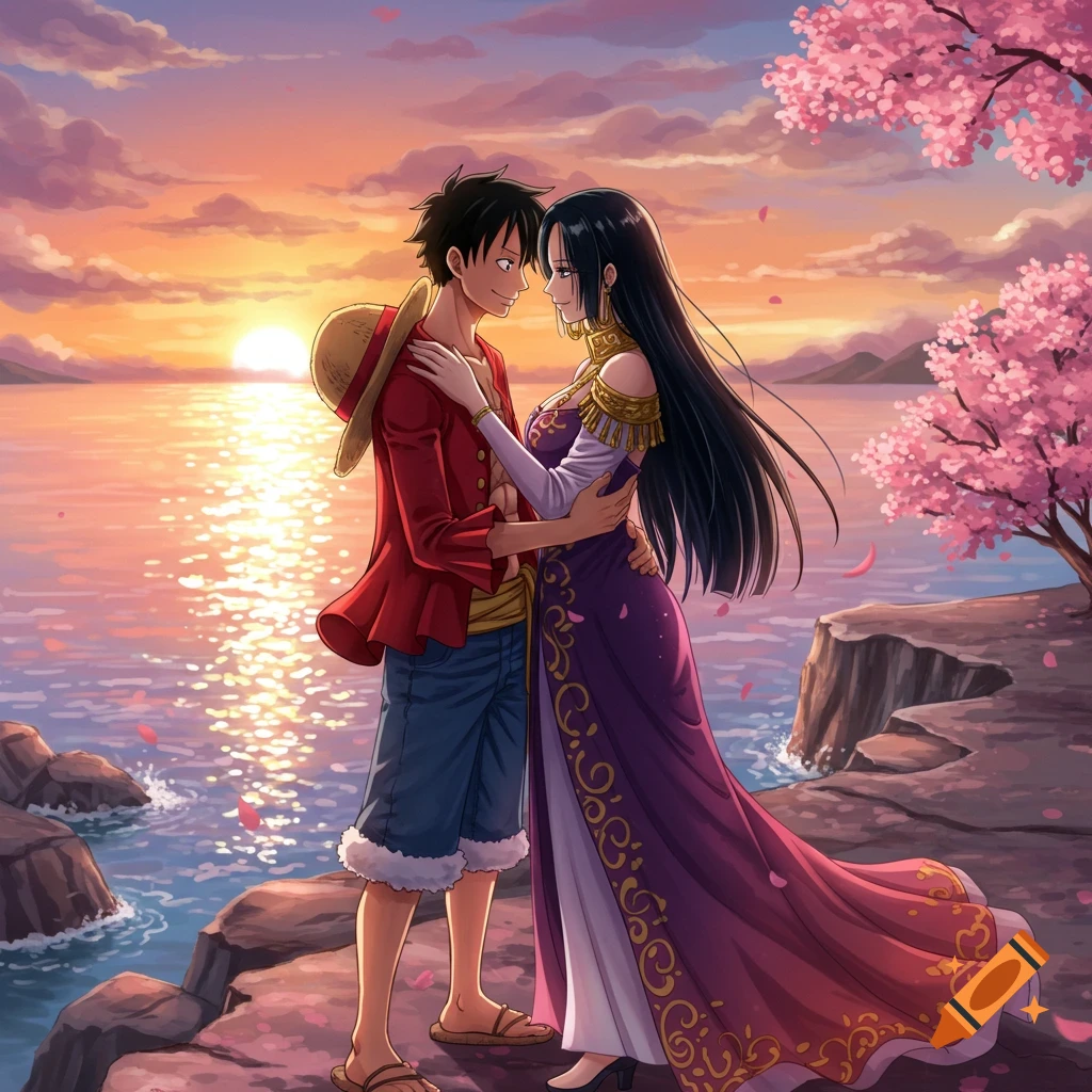 Anime characters Luffy and Hancock embrace at sunset by the sea with cherry blossoms.