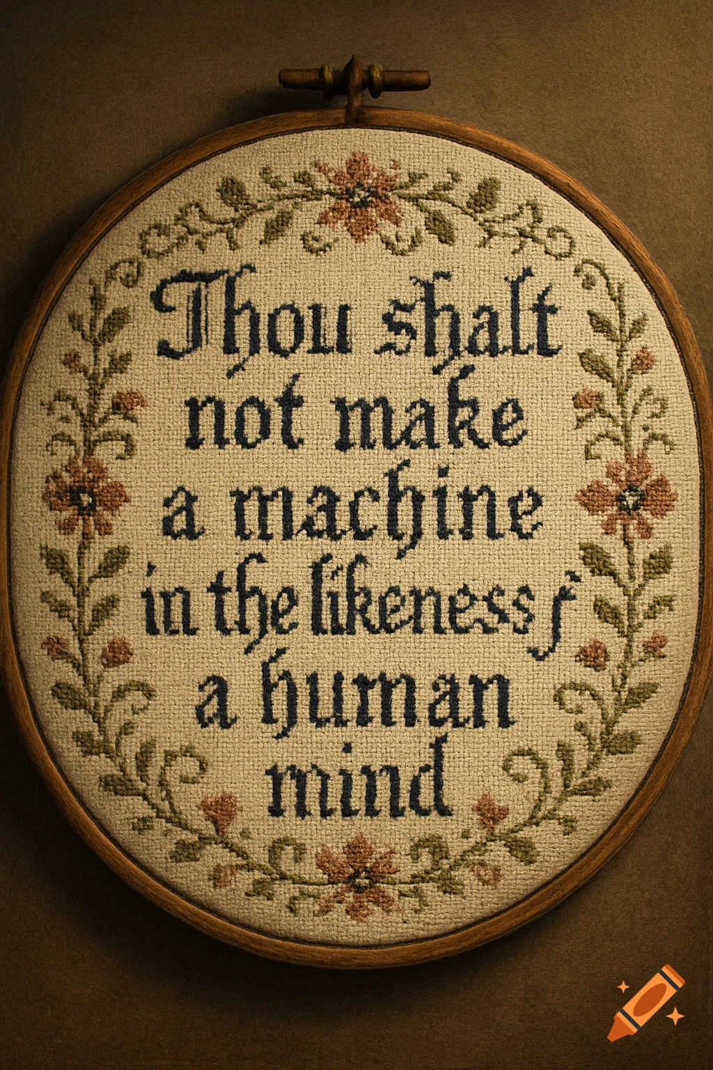 A vintage cross-stitch in an embroidery hoop reads 'Thou shalt not make a machine in the likeness of a human mind', surrounded by floral patterns.