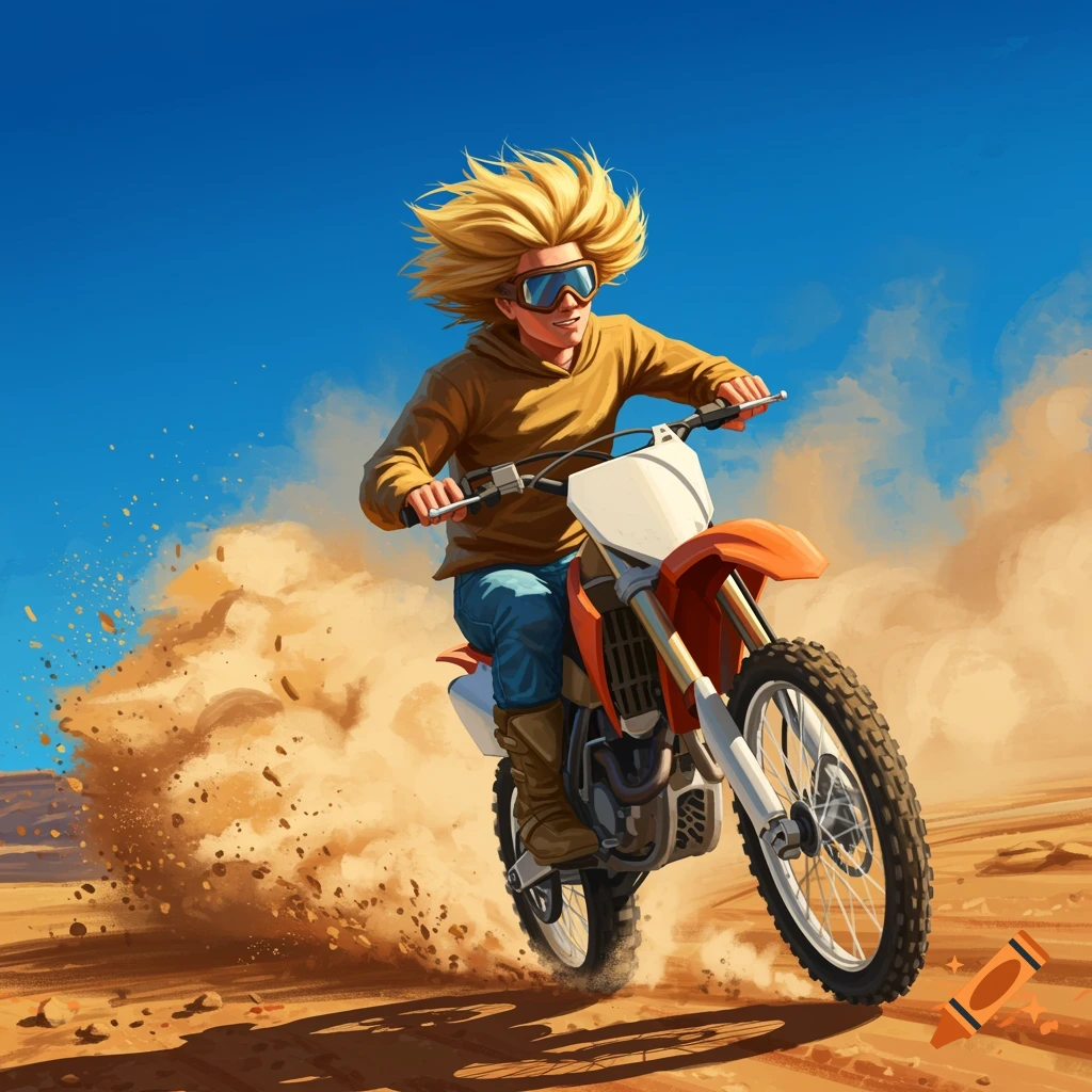 Illustration of a blonde-haired person in goggles riding an orange dirt bike through a desert, kicking up dust under a blue sky.