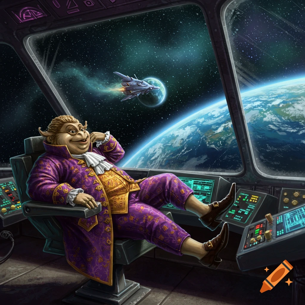 A happy, portly, alien-like character in a purple and gold suit relaxes in a spaceship cockpit, looking out at Earth and another spaceship in space.