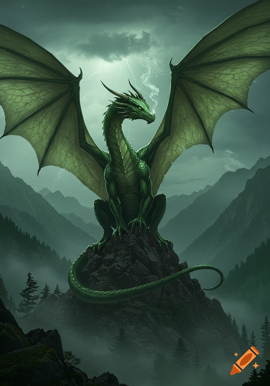 A majestic green dragon with large wings spread, perched on a rocky mountain peak under a stormy sky with lightning.