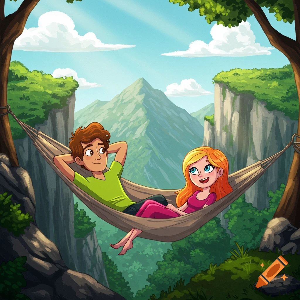 Cartoon couple relaxing in a hammock stretched between trees, overlooking a serene mountain landscape with cliffs and lush greenery under a blue sky.