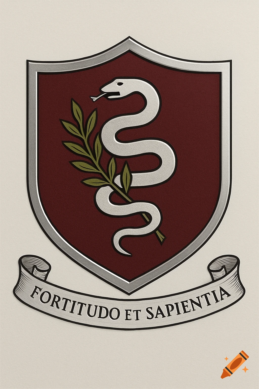 A burgundy shield with a silver snake coiled around an olive laurel branch. Below, a silver ribbon with 'Fortitudo et Sapientia'.