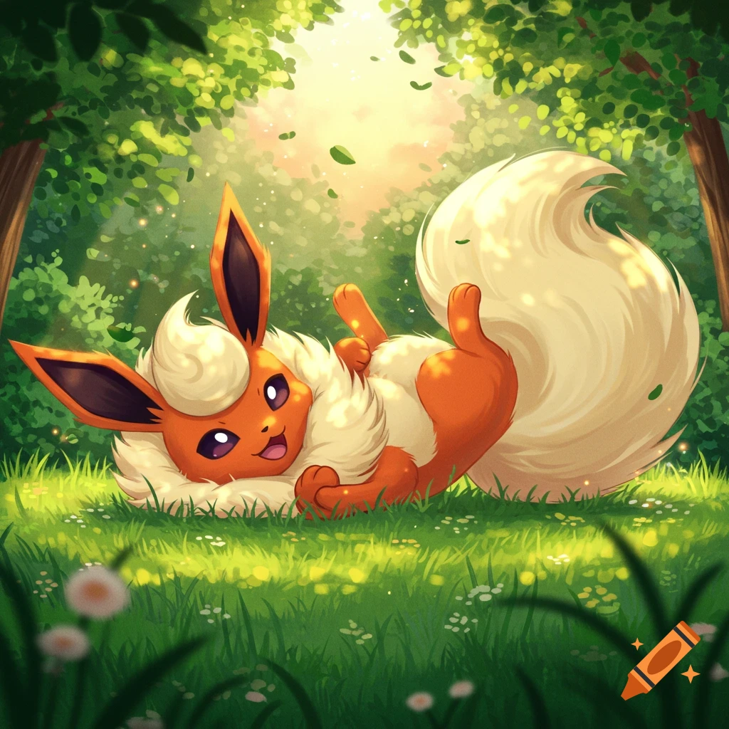 A cute orange and cream Flareon Pok mone playfully rolls on its back in a sunlit green forest, drawn in a vibrant anime style.