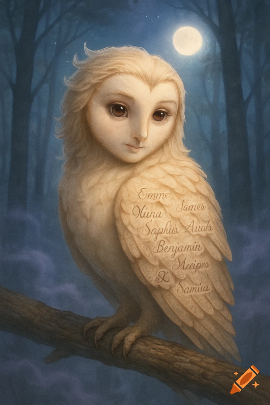 A fantasy humanoid owl with light feathers and carved names on its wing perches on a branch in a moonlit forest.
