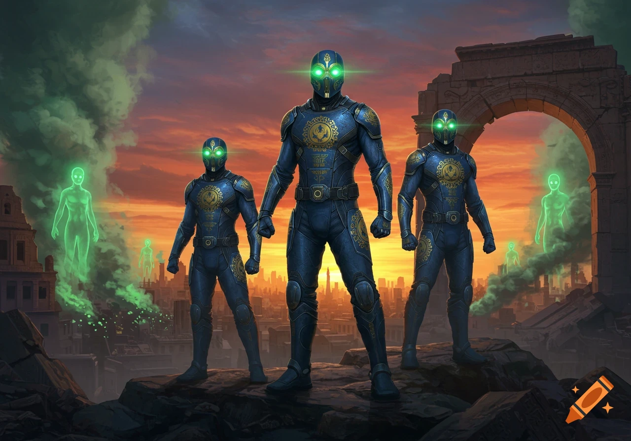 Three armored figures with glowing green eyes stand in a ruined city at sunset, surrounded by glowing green humanoid spirits.