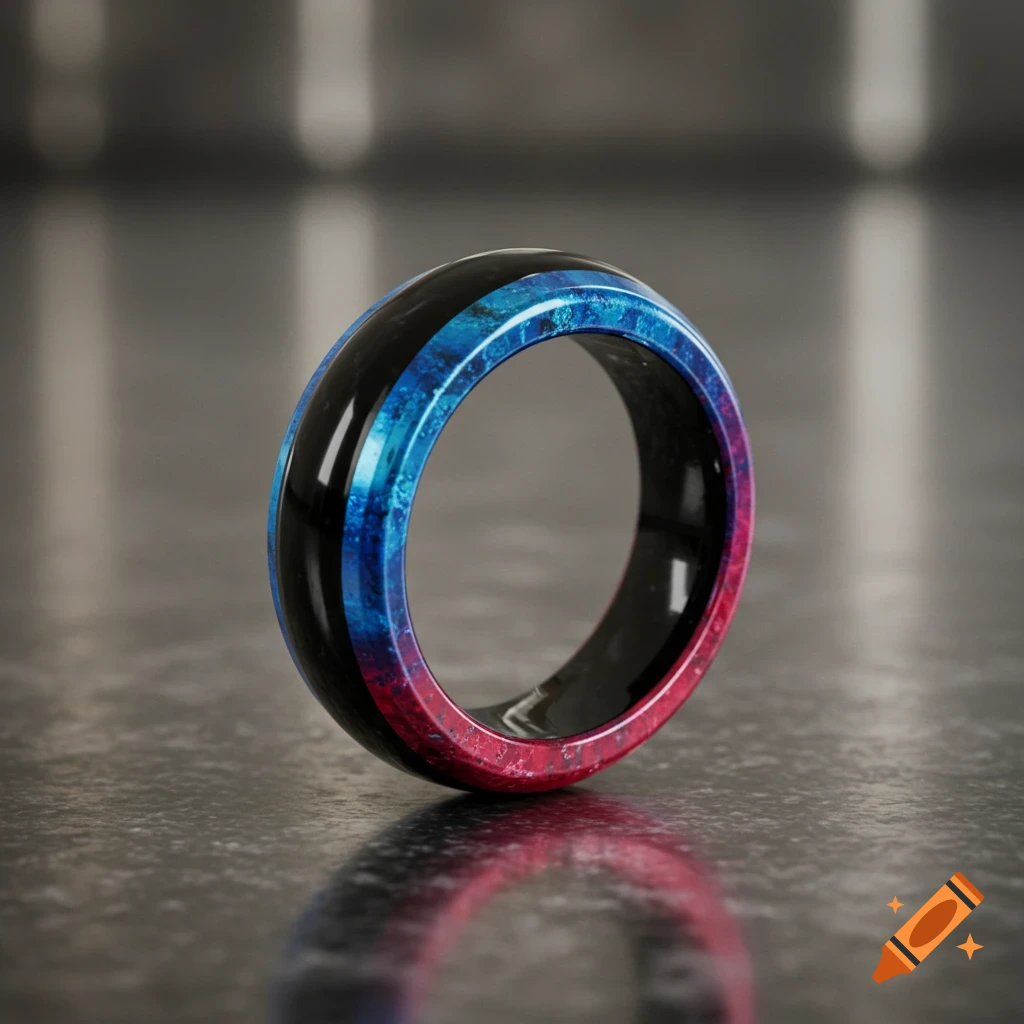 A close-up of an obsidian ring with a blue to red gradient band, reflecting on a dark surface.
