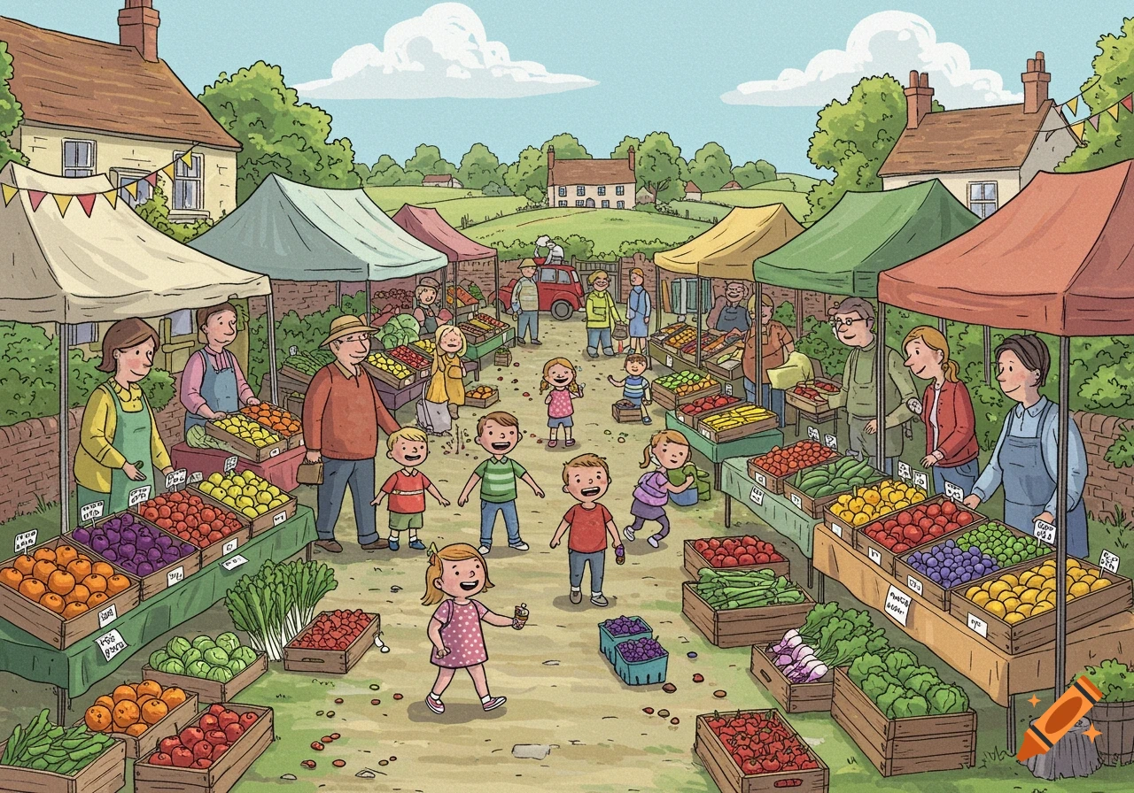 A vibrant cartoon illustration of a busy outdoor UK market, with adults and children browsing stalls overflowing with colorful fruits and vegetables.