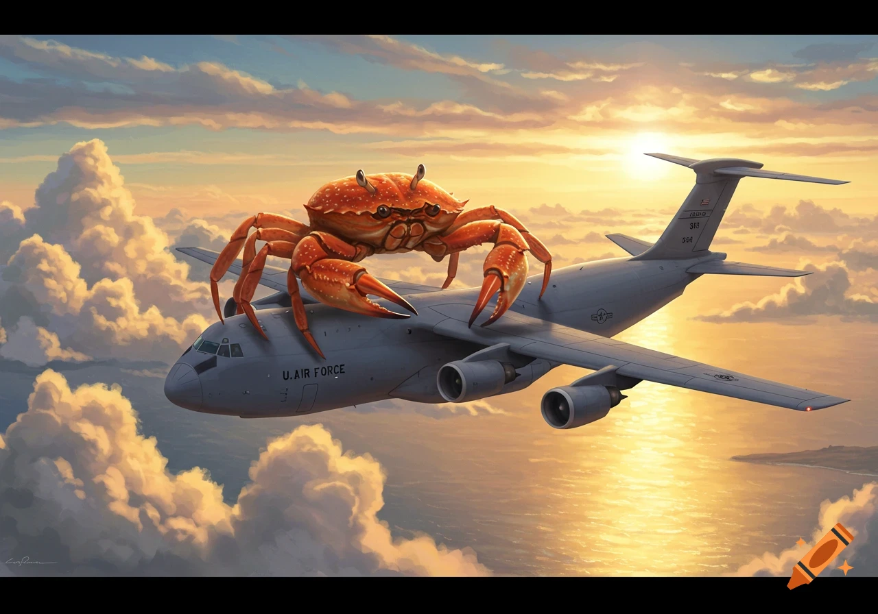A giant orange crab rides on top of a gray military cargo plane, flying through a cloudy sky during sunset.