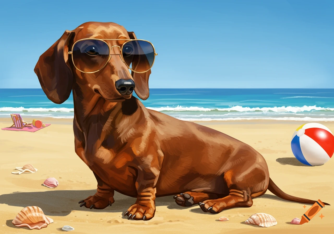 A brown dachshund wearing aviator sunglasses sits on a sandy beach, with seashells and a beach ball next to it, and blue ocean waves in the background.
