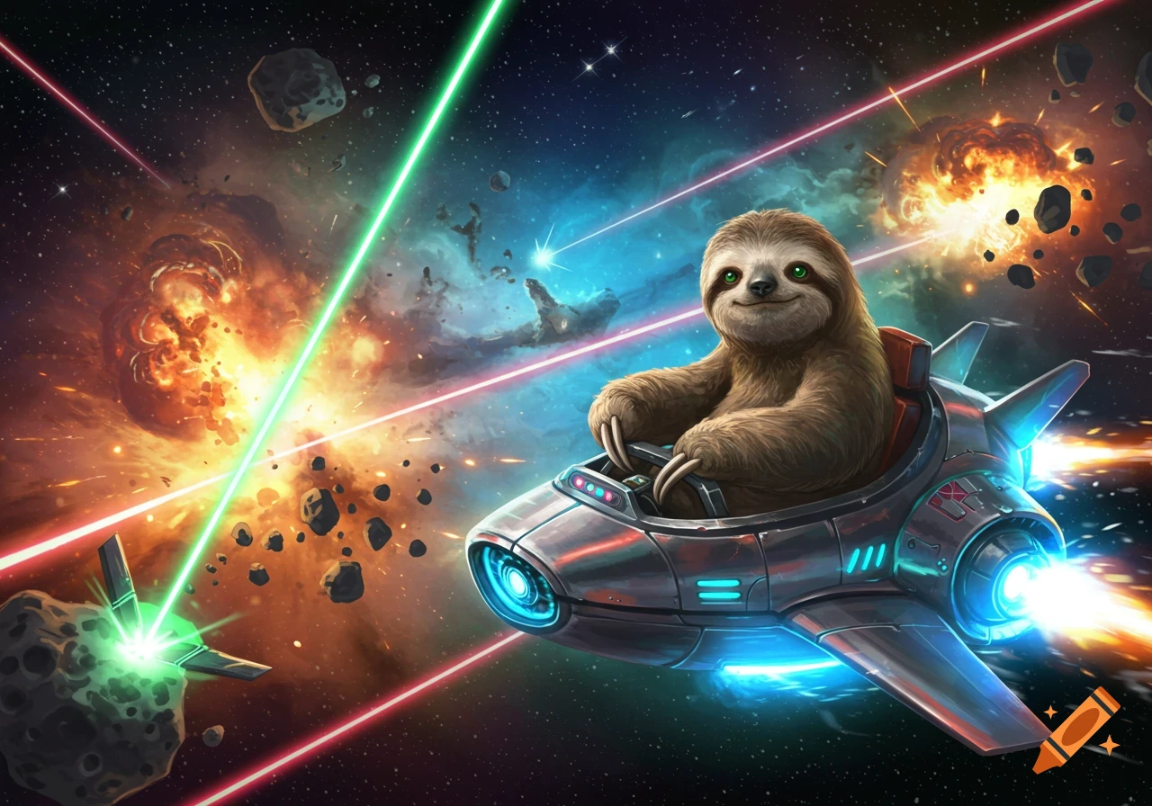 A cute sloth pilots a futuristic spaceship through a vibrant space battle with lasers, asteroids, and explosions, in a cartoonish style.