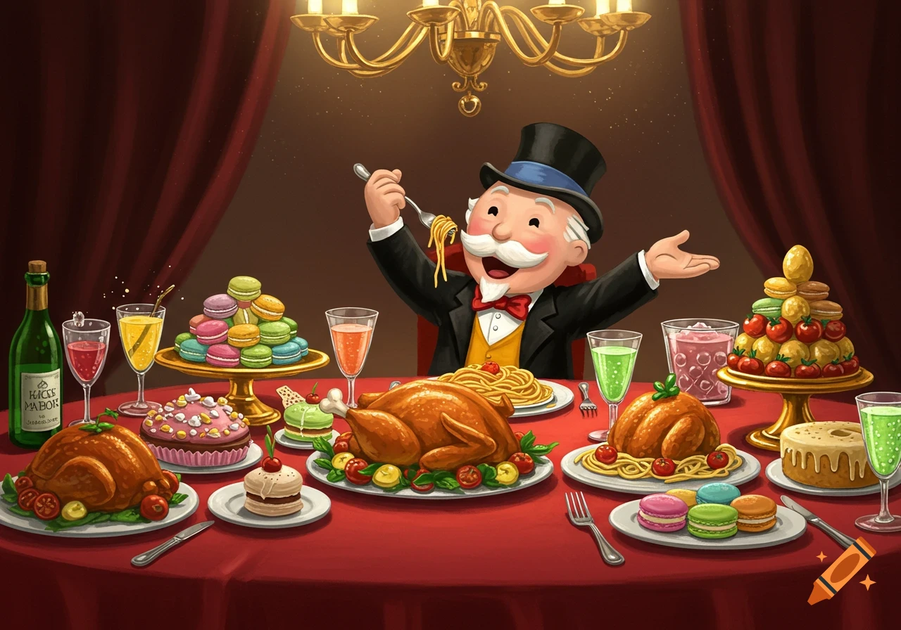 Monopoly Man happily eats spaghetti at a lavish dinner table laden with roasted turkeys, desserts, and drinks in a cartoon style.