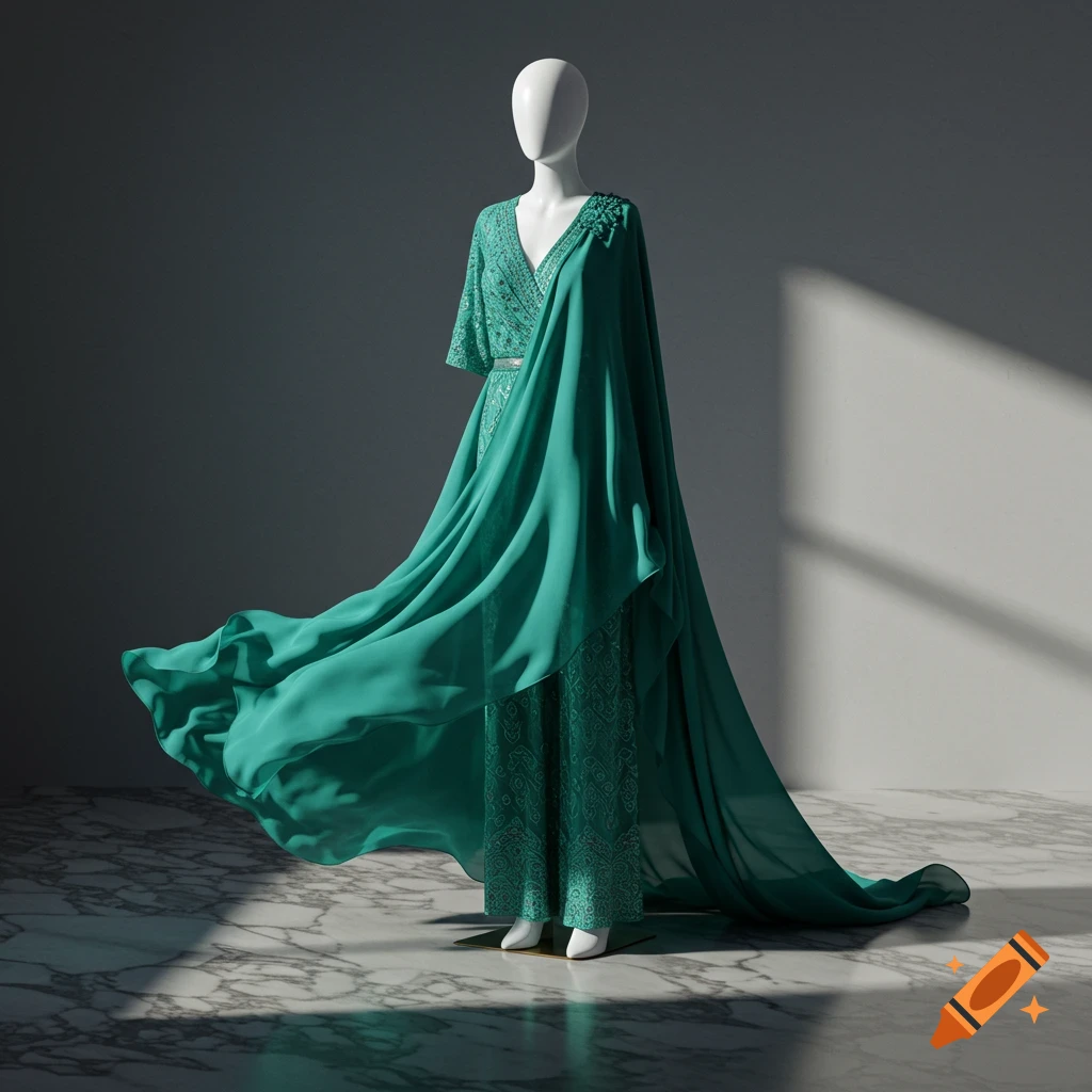 Mannequin displaying an elegant, flowing teal green dress with intricate patterns on a marble floor with dappled light.