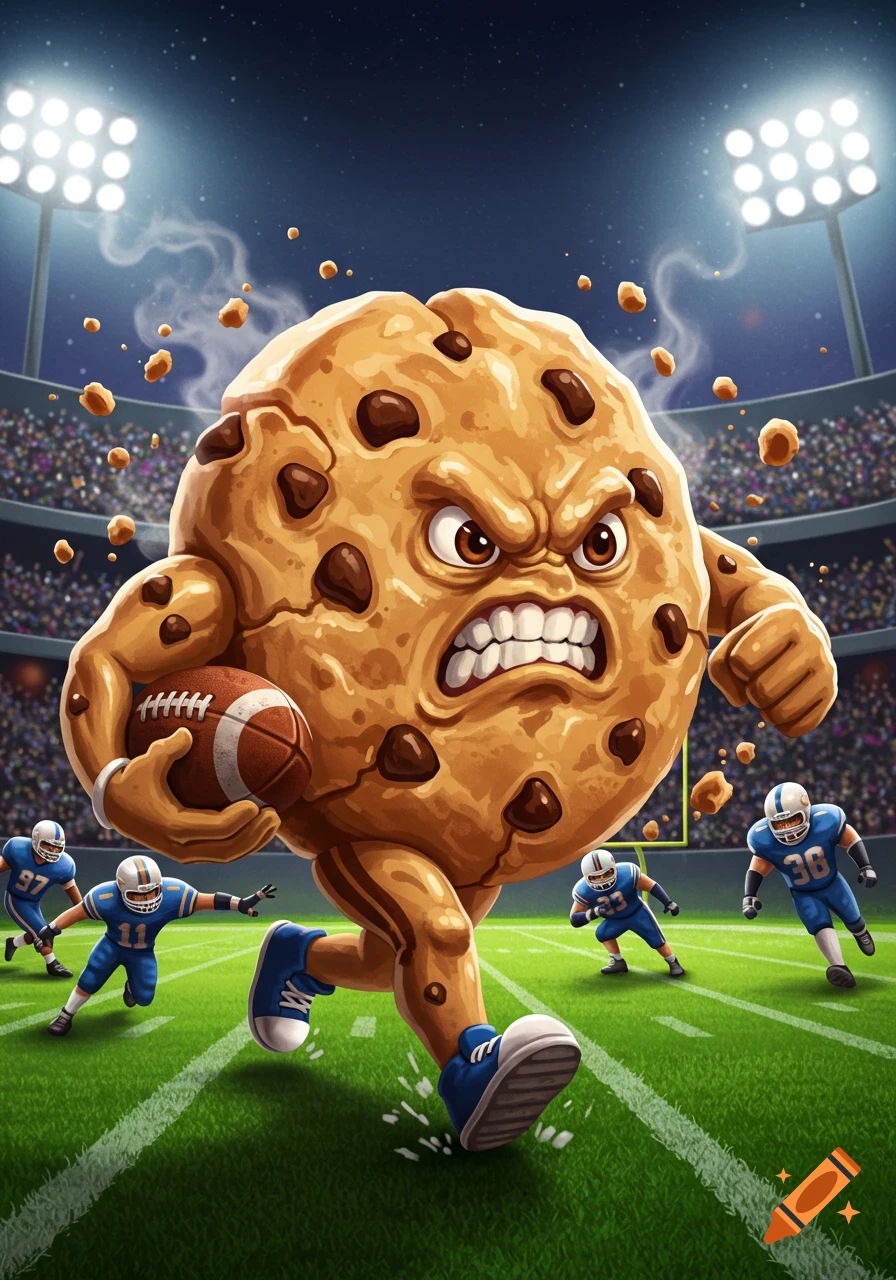 An angry, muscular chocolate chip cookie runs with a football on a stadium field, surrounded by opposing players, in a dynamic cartoon style.