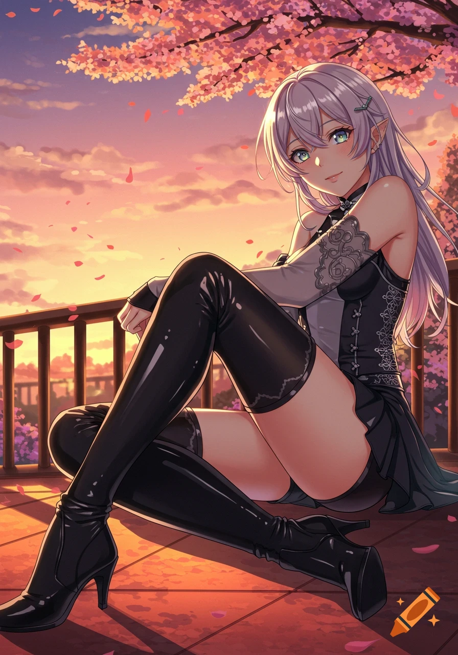Anime elf girl with purple hair and thigh-high boots, sitting on a balcony under cherry blossoms at sunset.
