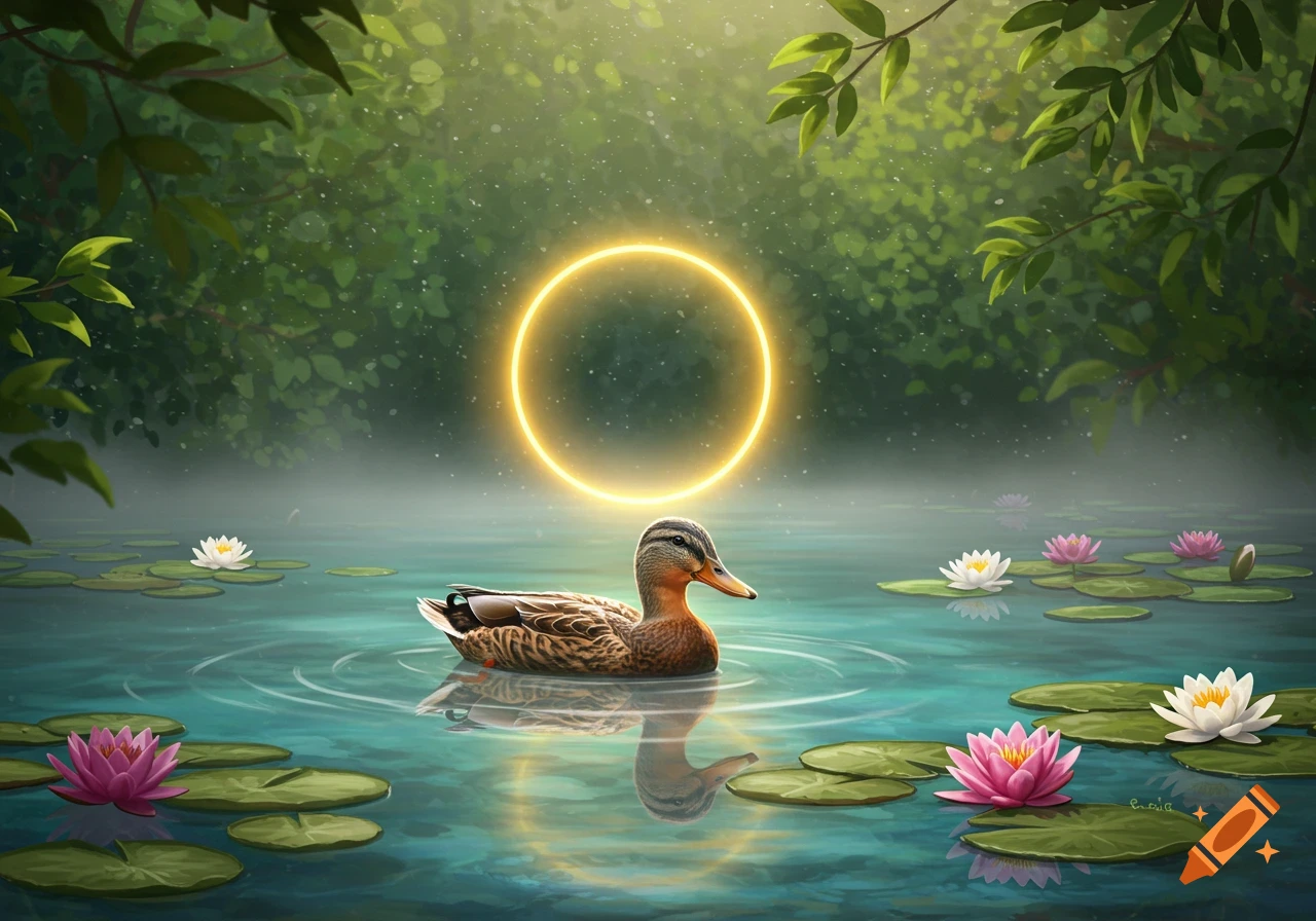 An illustrative duck with a glowing yellow halo floats in a pond surrounded by pink and white water lilies and lush green foliage.