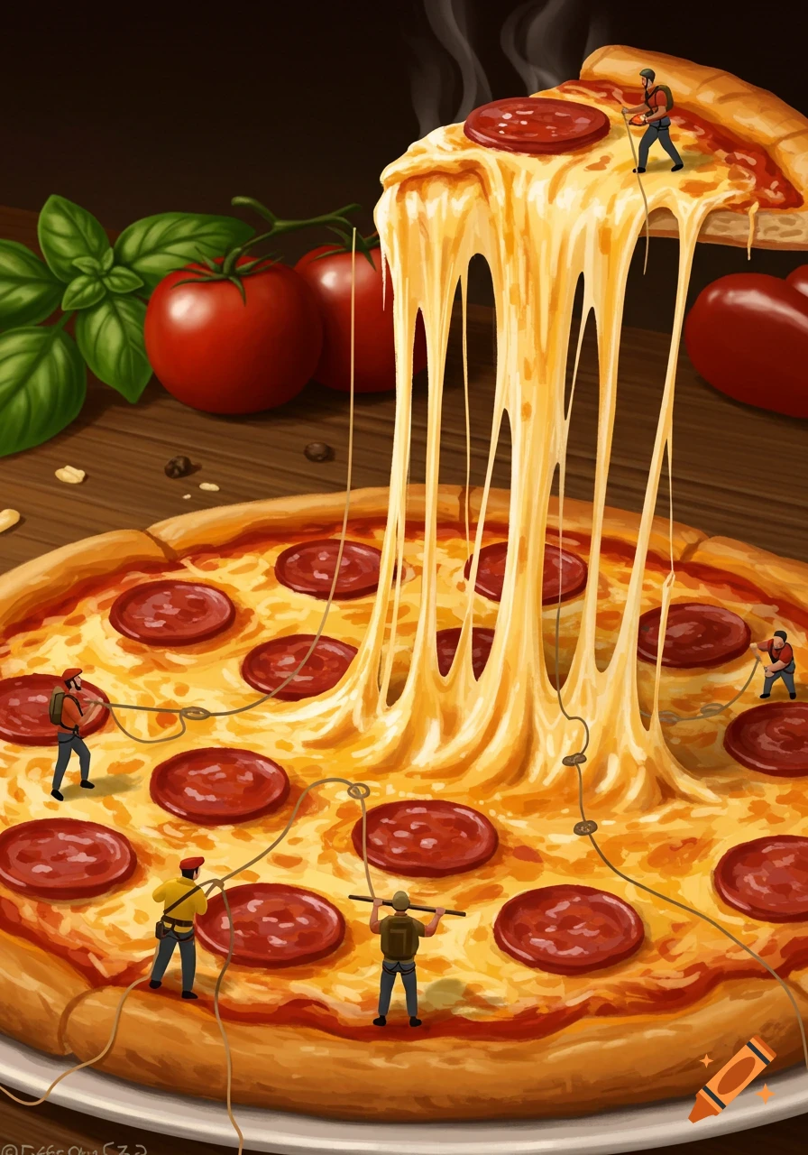 An illustrative image of a giant pepperoni pizza with stretchy cheese being lifted, and tiny people climbing the cheese strings like ropes.