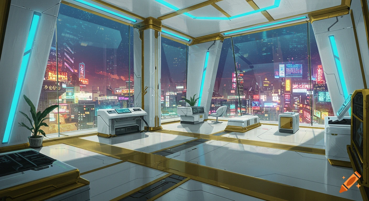 Futuristic white and gold room with blue neon accents, overlooking a glowing cyberpunk city at night.