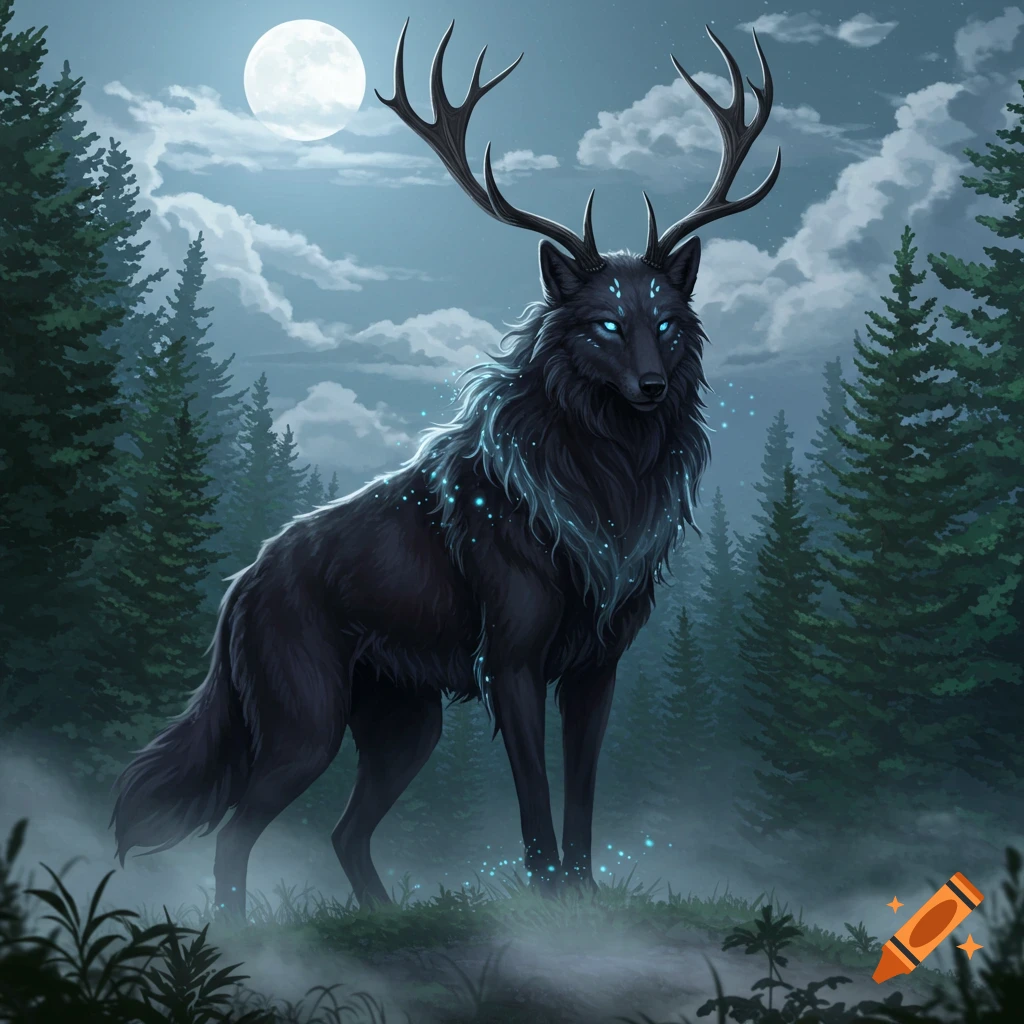 A majestic black wolf-like creature with large antlers and glowing blue eyes stands in a misty, moonlit forest.