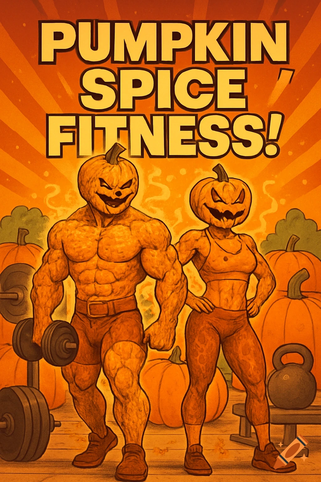 A stylized retro poster of a muscular pumpkin-headed couple with weights, under a 'PUMPKIN SPICE FITNESS!' banner.