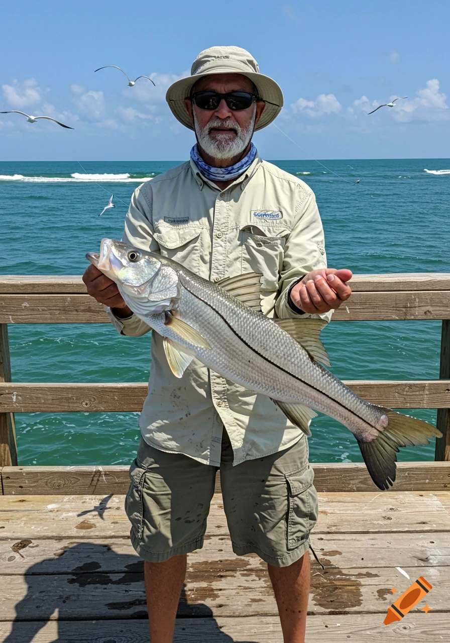 A bearded man in a hat and sunglasses holds a large snook on a wooden pier, with the ocean and seagulls behind him on a sunny day.