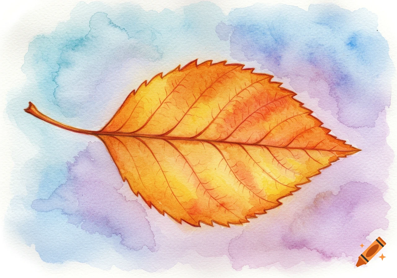 Watercolor painting of an orange autumn leaf with a mottled blue and purple background.