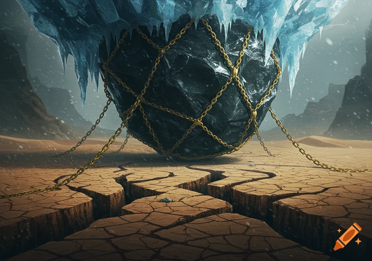 A massive, chained obsidian boulder covered in ice sits on a cracked, barren desert landscape with distant mountains. Dramatic concept art.