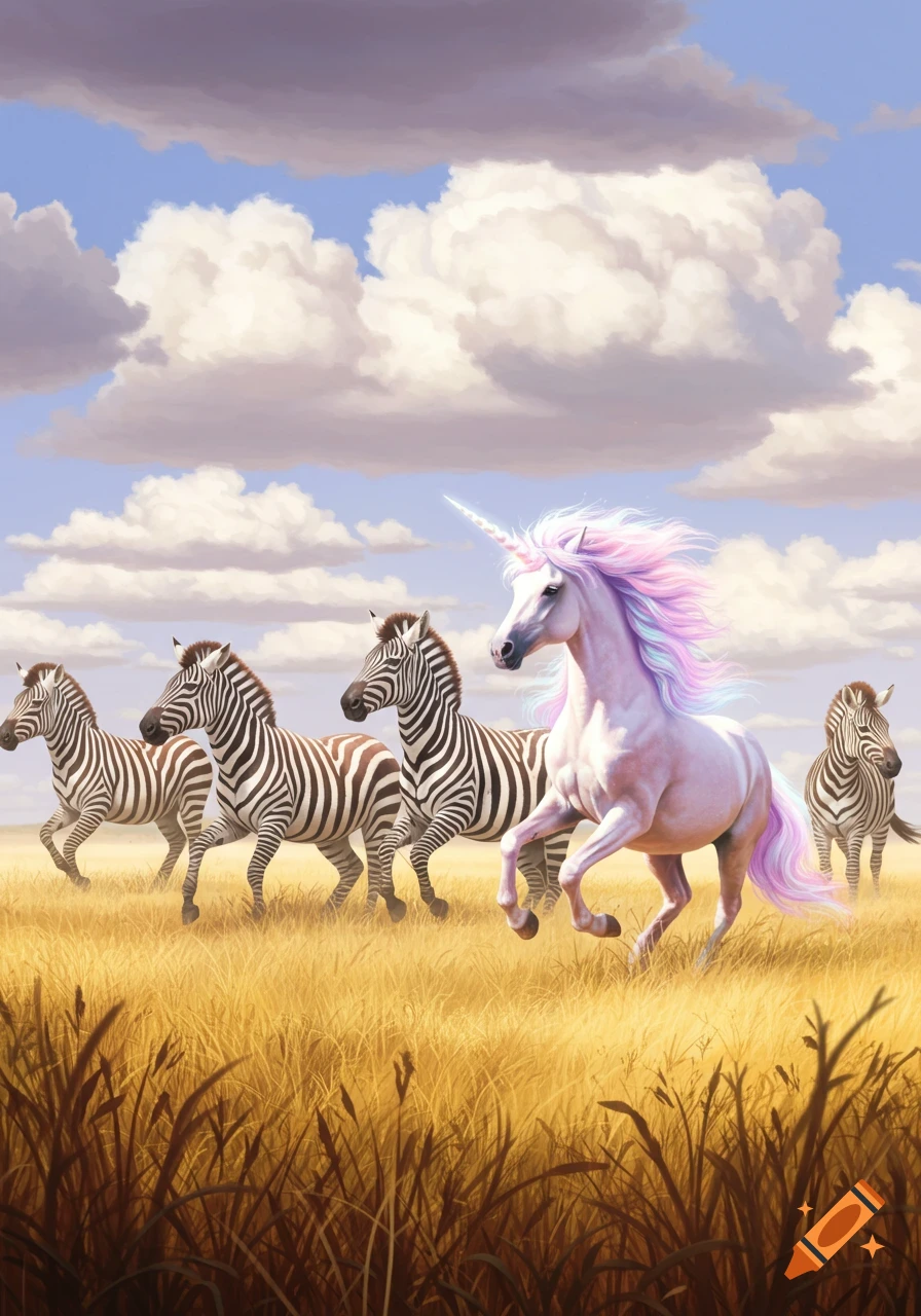 A majestic white unicorn with a rainbow mane gallops through a golden field, followed by a herd of zebras under a cloudy sky.
