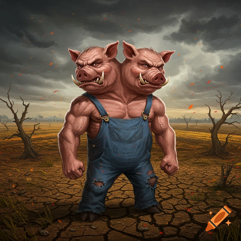 An angry, muscular two-headed pig man in torn overalls stands in a desolate, cracked wasteland under a stormy sky, in a detailed illustration.