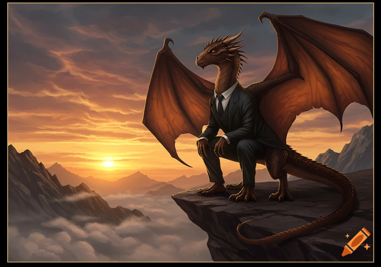 A dragon wearing a business suit sits on a mountain cliff, overlooking a vibrant sunset over a cloudy valley. Digital art.