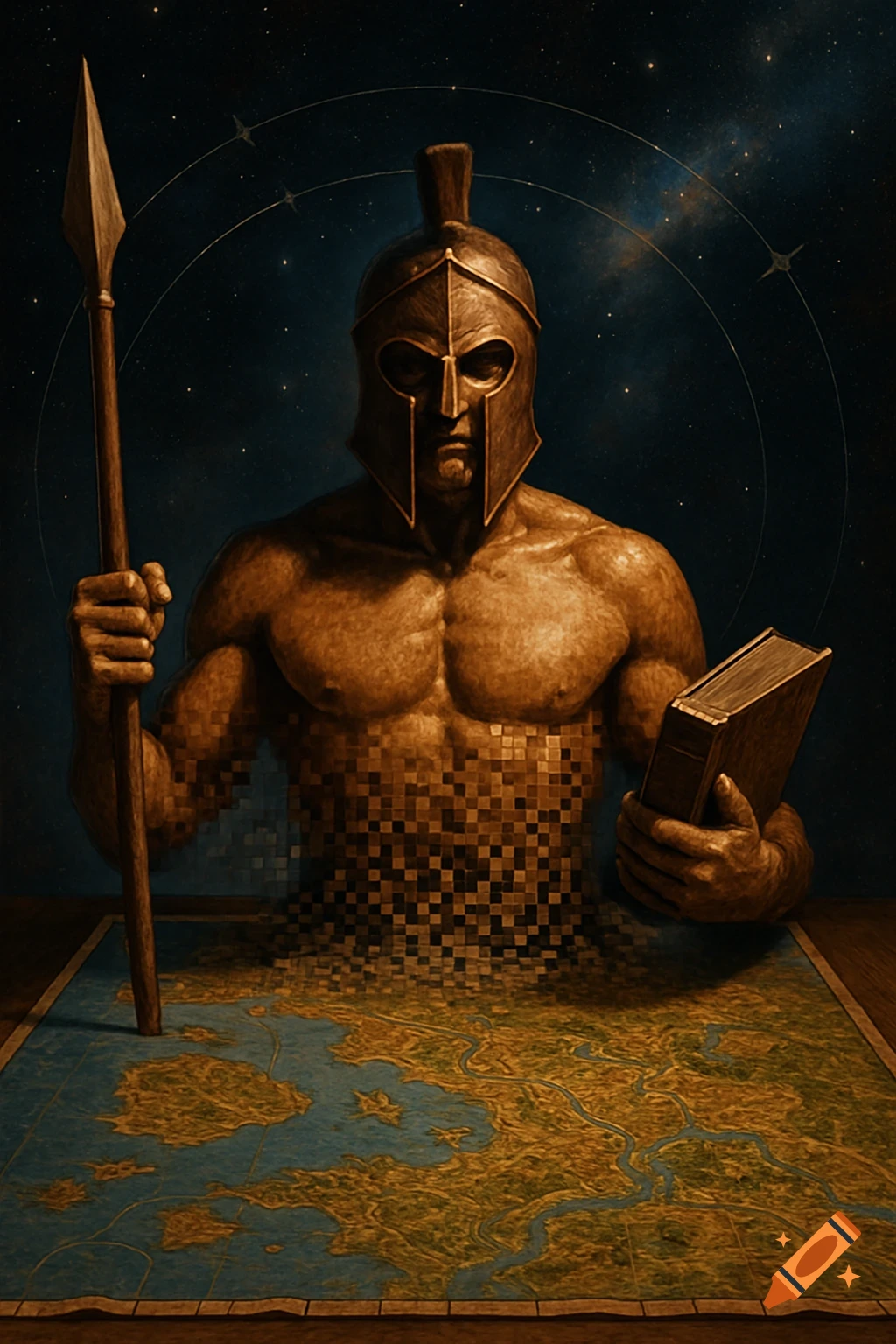 Ancient Greek warrior with helmet, spear, and book, emerging pixelated from a map, against a starry space background.