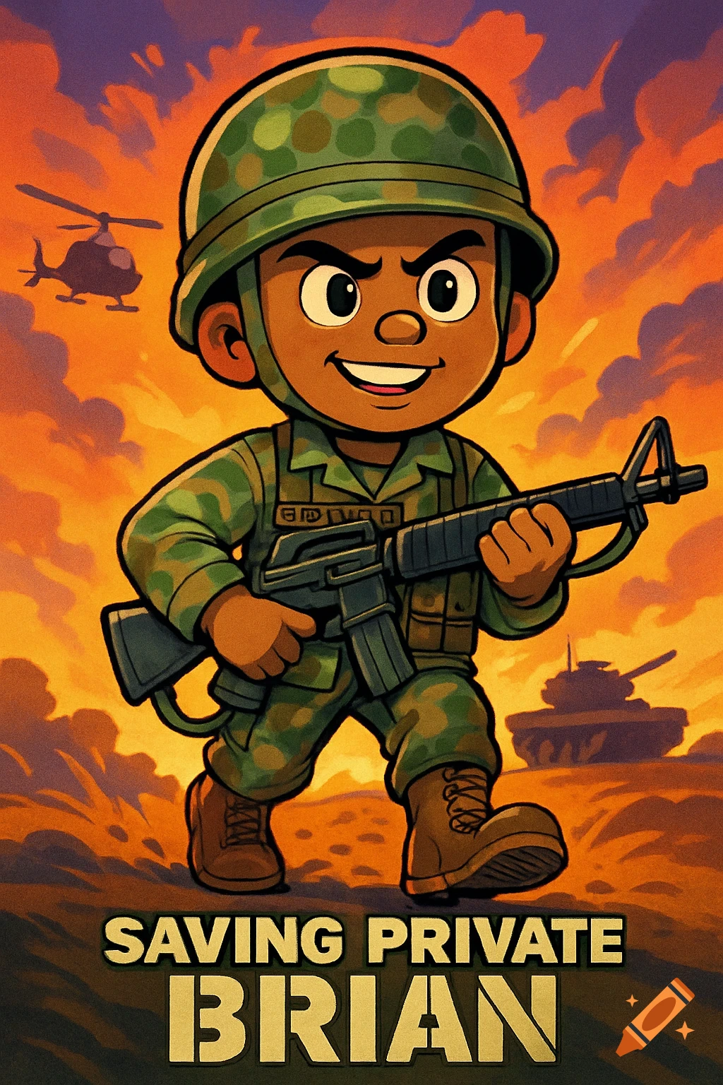 A smiling cartoon soldier in camo and helmet holds a rifle, walking through a battlefield with a helicopter and tank under an orange sky.