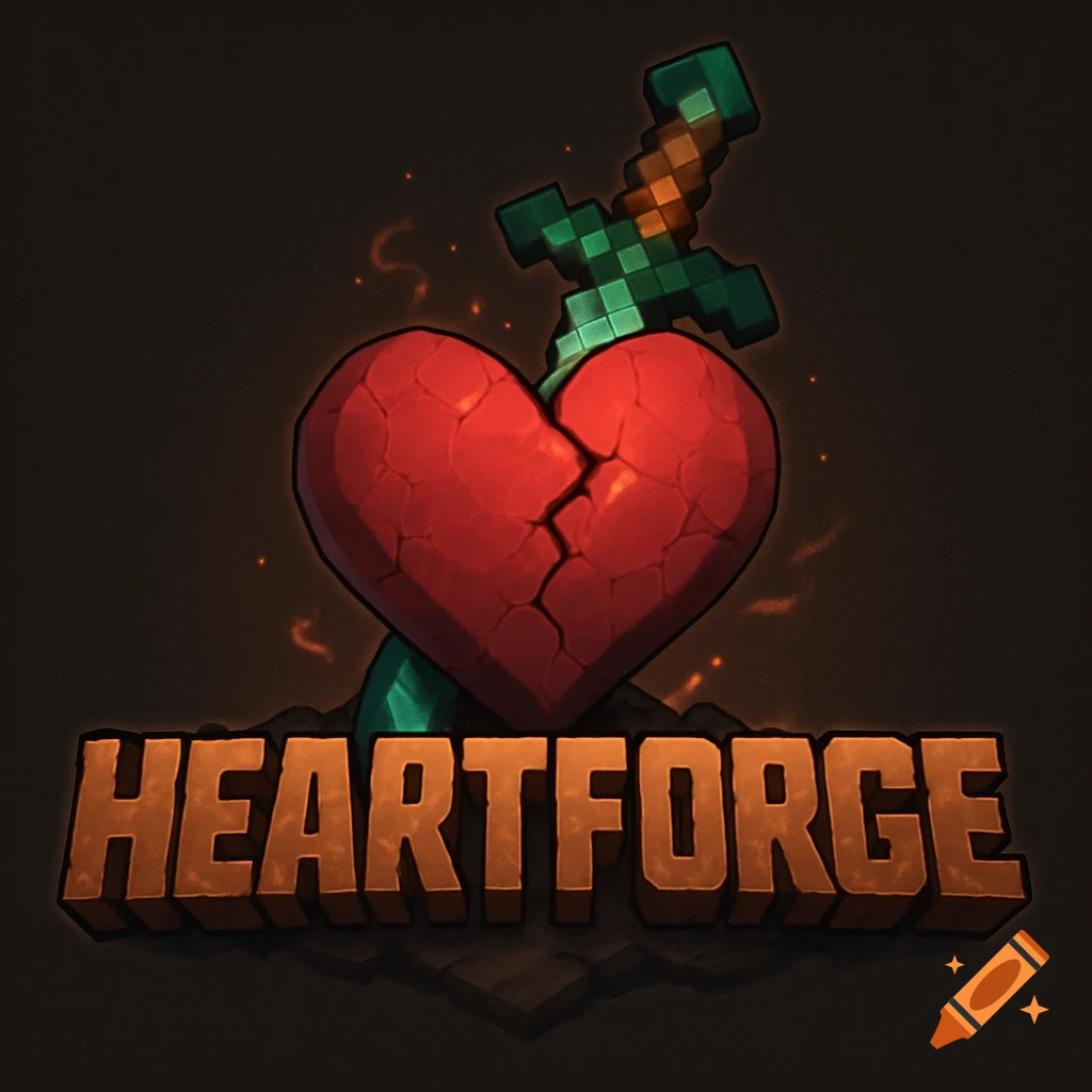 A dramatic gaming logo featuring a cracked red heart with a pixelated green sword behind it, and the bold text 'HEARTFORGE' below, on a dark background.