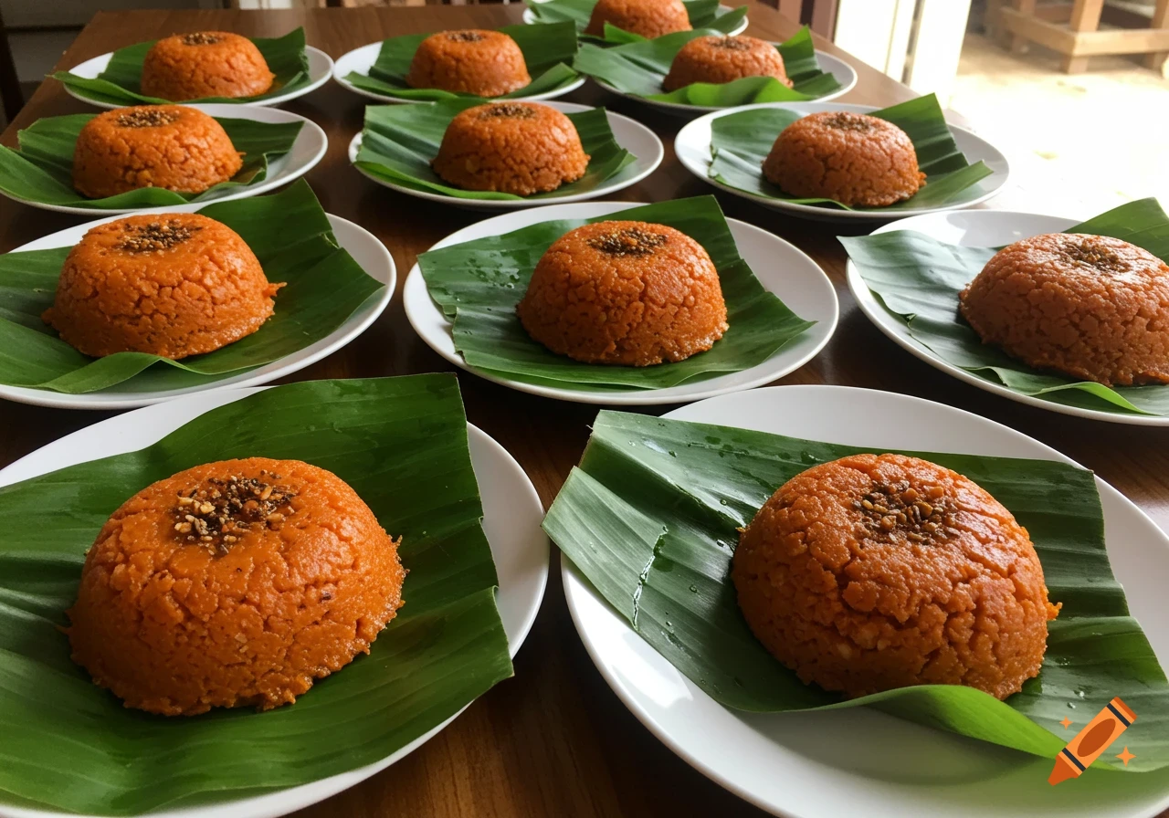 Twelve servings of reddish-orange moimoi, a steamed bean pudding, topped with spices, on banana leaves and white plates on a wooden table.
