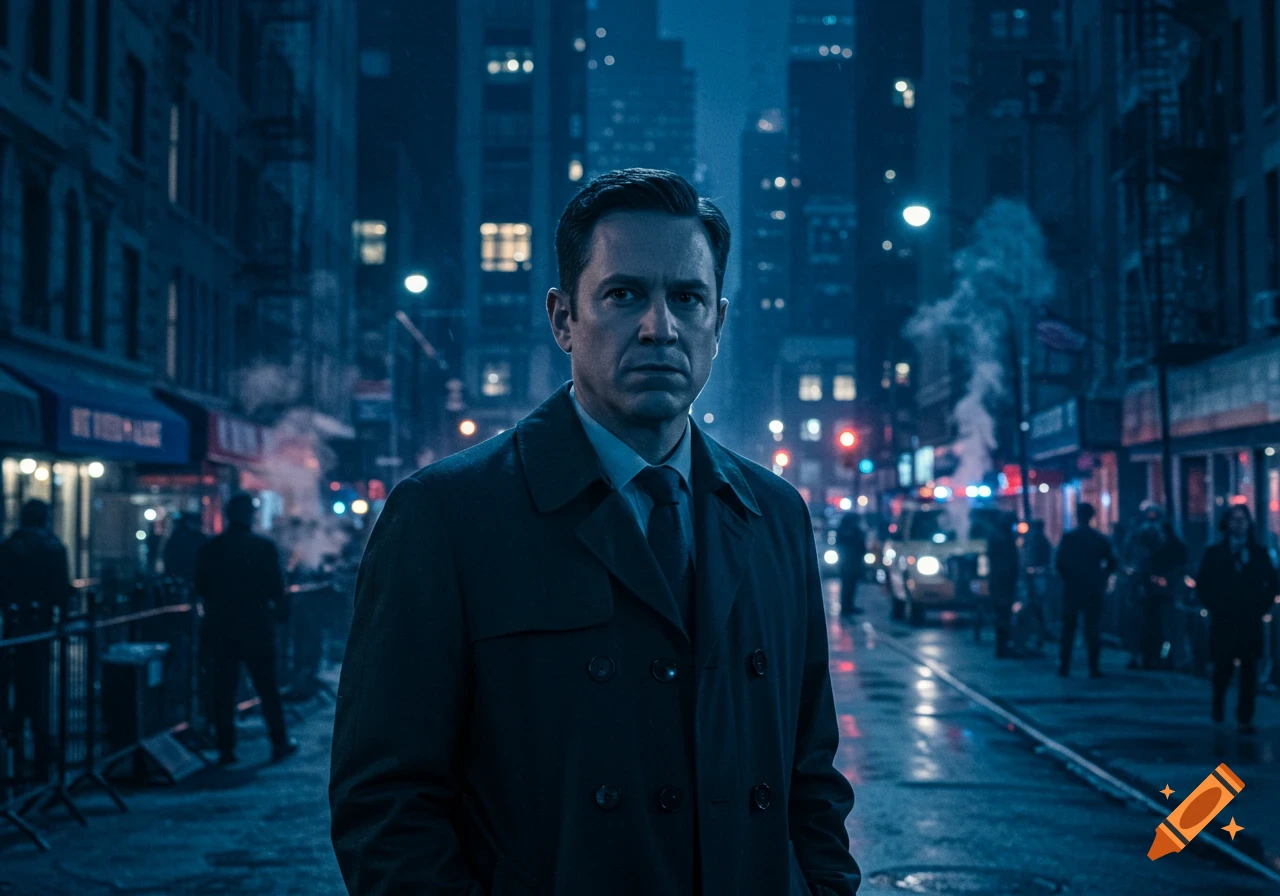 A man in a trench coat and tie stands sternly on a dark, wet city street at night, illuminated by city lights.