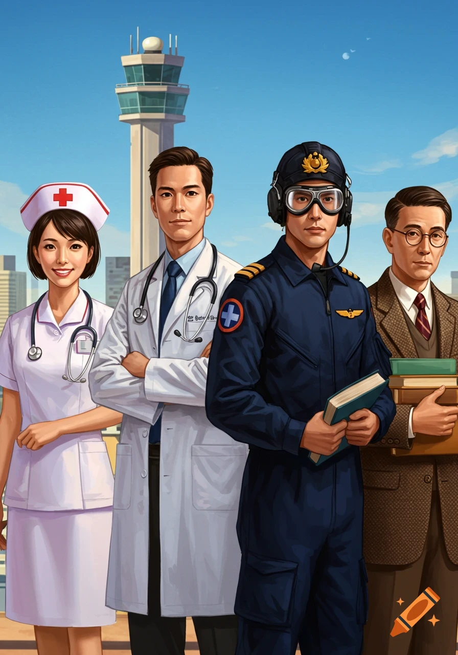 An illustration of a nurse, doctor, pilot, and professor standing together in front of an airport control tower.