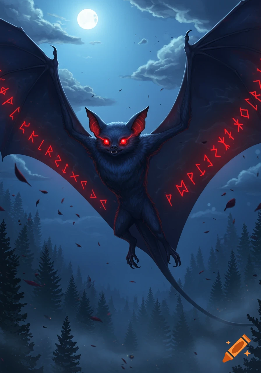 Dark fantasy illustration of a large, black, bat-like creature with glowing red eyes and runes on its wings flying under a full moon over a misty forest.