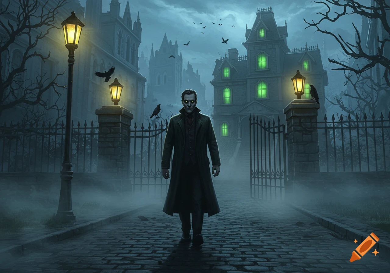 A pale man with glowing eyes walks on a foggy cobblestone path towards a dark gothic mansion with green windows, lampposts, and crows.