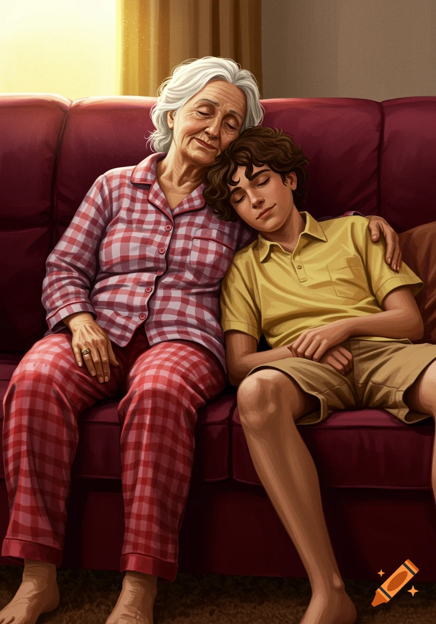 An elderly woman in red plaid pajamas rests her head on a young boy's shoulder on a maroon couch, both sleeping peacefully. Digital art.