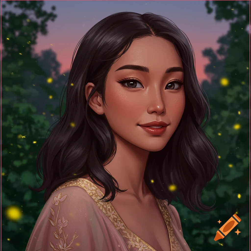 Stylized portrait of a beautiful young woman with dark hair smiling, in a magical night forest with glowing fireflies.